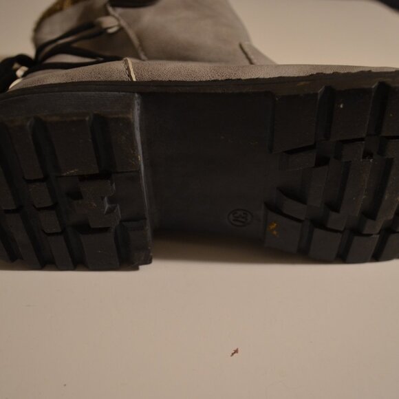 Gray Mid Rise Boots Side Zipper Decorative Back Lace Brown Wool Knit Top Lady 37 - Picture 6 of 7